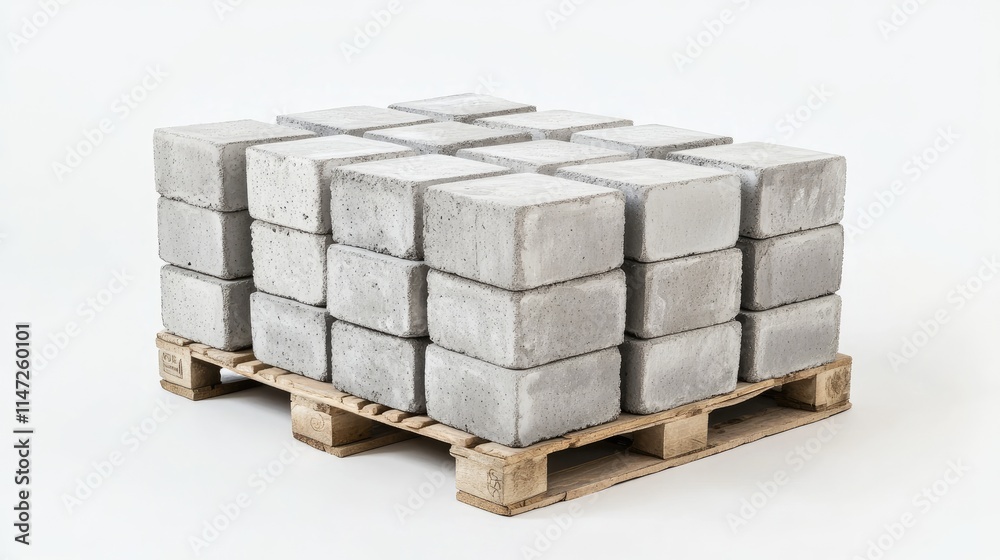 A close-up view of cement blocks stacked on a pallet, isolated on white to accentuate the solid form and texture of the material A close-up view of cement blocks stacked on a pallet, isolated on white to accentuate the solid form and texture of the material