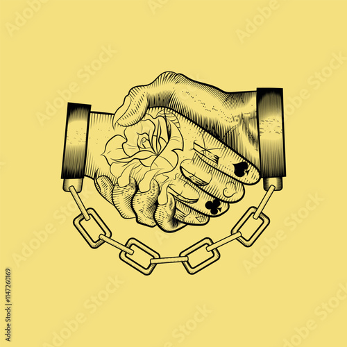 tattoo illustration handshake between handcuffed man and devil, man's hand tattooed
