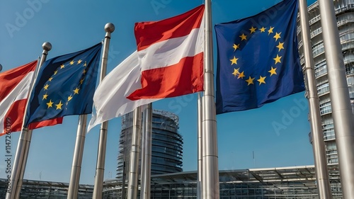 Poles with flags of the countries members of the European Union on blue sky background at the European Parliament in Strasbourg, Europe web banner