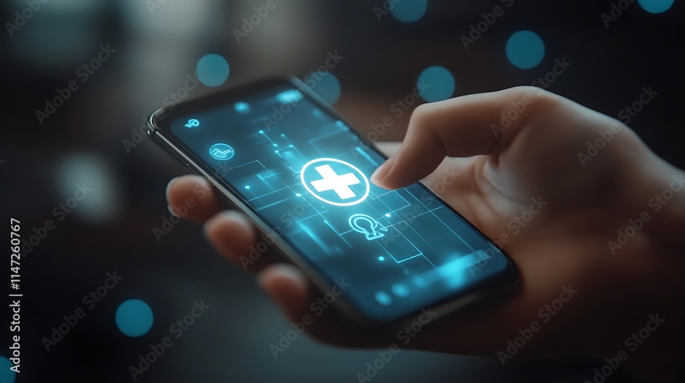 Obraz premium Mobile health app features urban setting digital technology close-up
