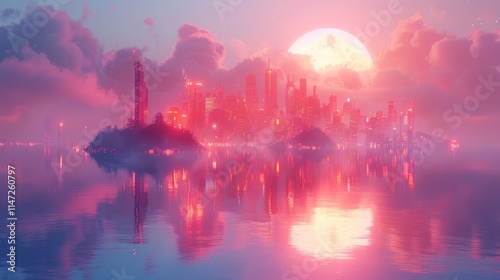 Wallpaper Mural Futuristic city skyline at sunset reflected in calm water, large moon in sky. Torontodigital.ca