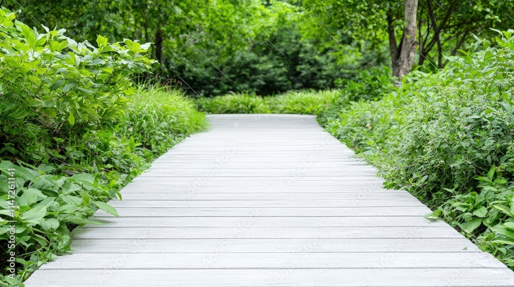 White boardwalk path through lush green foliage. (1) White boardwalk path through lush green foliage. (1)