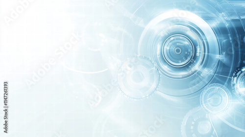 Abstract background with futuristic technology elements, blue and white color scheme, white circular shapes on a light blue background