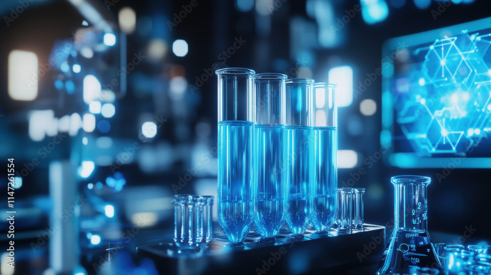A close-up of test tubes filled with clear blue liquid, surrounded by futuristic laboratory equipment and digital data streams in the background A close-up of test tubes filled with clear blue liquid, surrounded by futuristic laboratory equipment and digital data streams in the background