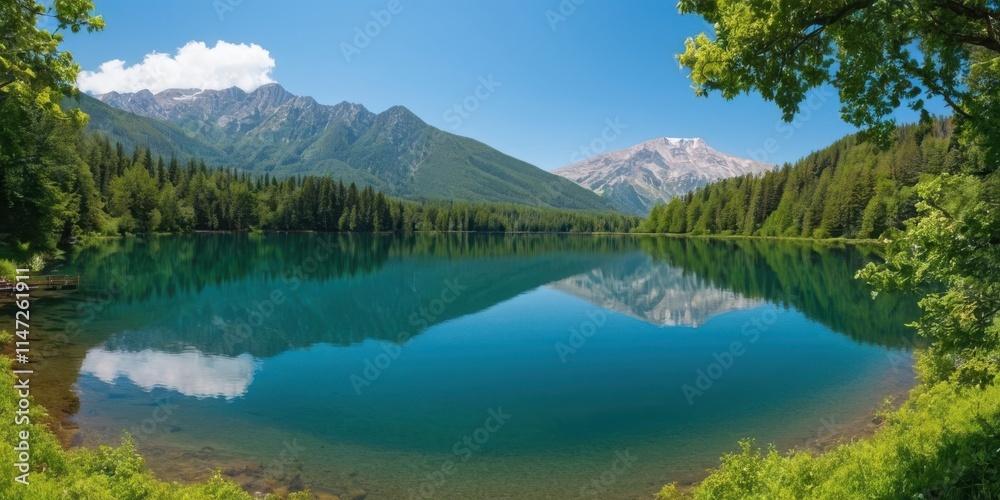 Serene mountain lake nestled in a lush green forest Serene mountain lake nestled in a lush green forest
