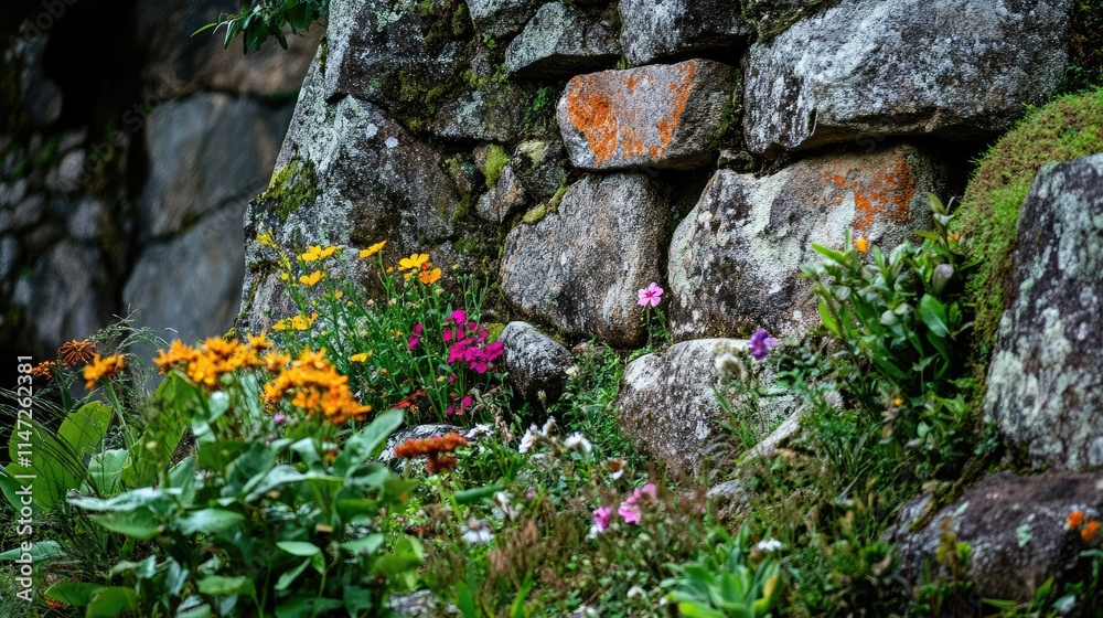 A detailed view of the weathered stone masonry at Machu Picchu, framed by vibrant wildflowers and greenery, emphasizing the site ancient beauty A detailed view of the weathered stone masonry at Machu Picchu, framed by vibrant wildflowers and greenery, emphasizing the site ancient beauty