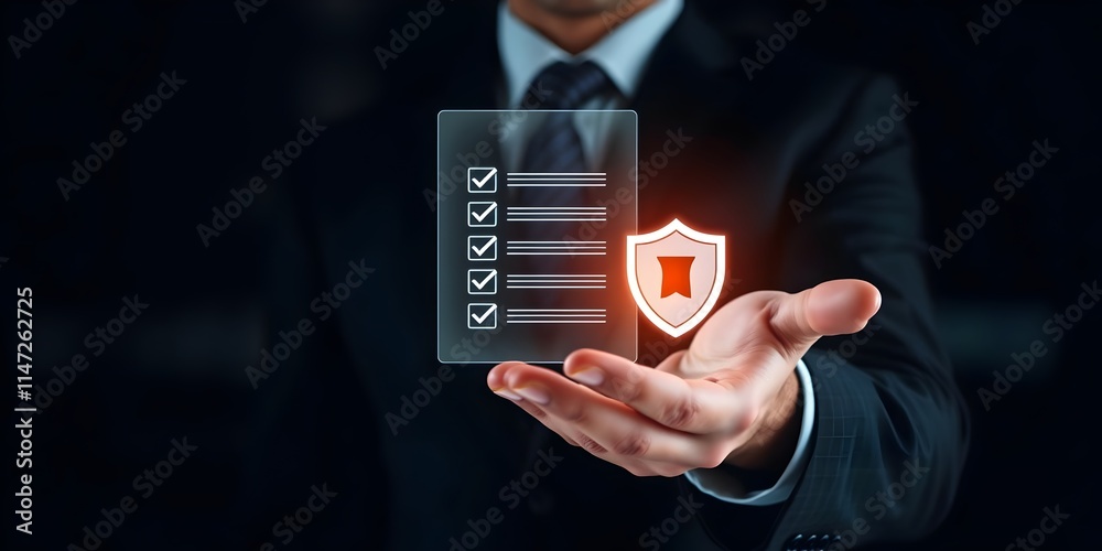 Businessman checking steps through document with a list of checkboxes, Examination of ethical rules, regulation, practices and policies, Terms and conditions, Evaluate quality and efficiency Businessman checking steps through document with a list of checkboxes, Examination of ethical rules, regulation, practices and policies, Terms and conditions, Evaluate quality and efficiency