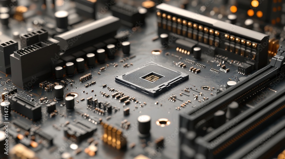 Close-up of a computer motherboard with CPU. (15) Close-up of a computer motherboard with CPU. (15)