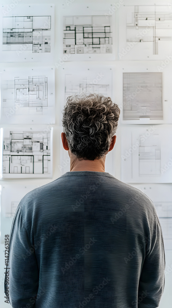 A person observes architectural plans on a wall, reflecting on design and creativity. A person observes architectural plans on a wall, reflecting on design and creativity.