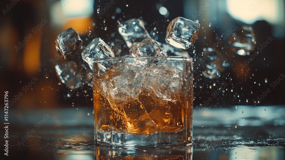 A dynamic shot of ice cubes splashing into a clear beverage on a table, creating exciting motion and space for adding text or copy, with a refreshing and lively vibe A dynamic shot of ice cubes splashing into a clear beverage on a table, creating exciting motion and space for adding text or copy, with a refreshing and lively vibe