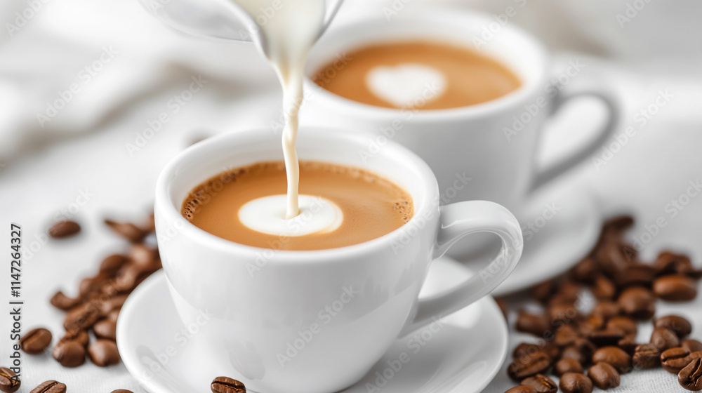Pouring cream into hot coffee cups with coffee beans around. Generative AI Pouring cream into hot coffee cups with coffee beans around. Generative AI