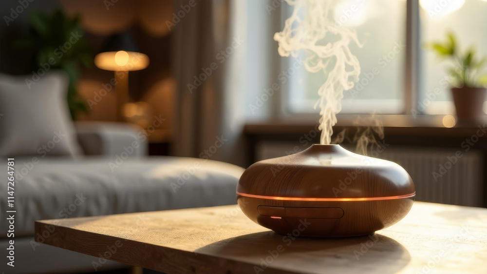 Aroma oil diffuser on table in room on the table, in the foreground, steam coming out of, copy space Aroma oil diffuser on table in room on the table, in the foreground, steam coming out of, copy space