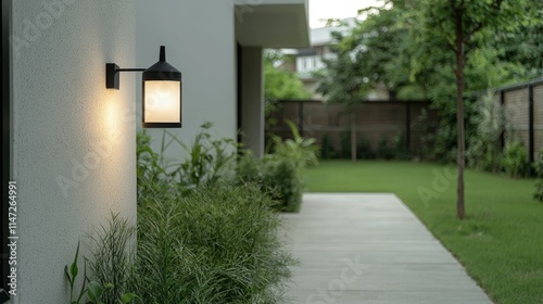 Illuminated exterior wall lamp illuminating pathway in garden.