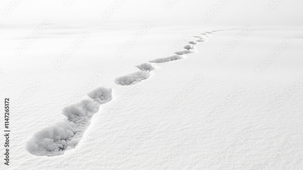 A minimal winter scene with traces in the snow leading through a vast, peaceful landscape, evoking feelings of calm and solitude in the pristine white snow A minimal winter scene with traces in the snow leading through a vast, peaceful landscape, evoking feelings of calm and solitude in the pristine white snow