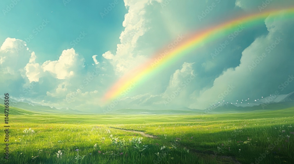 A peaceful green field with a colorful rainbow arching across the sky, creating a serene and tranquil landscape scene A peaceful green field with a colorful rainbow arching across the sky, creating a serene and tranquil landscape scene