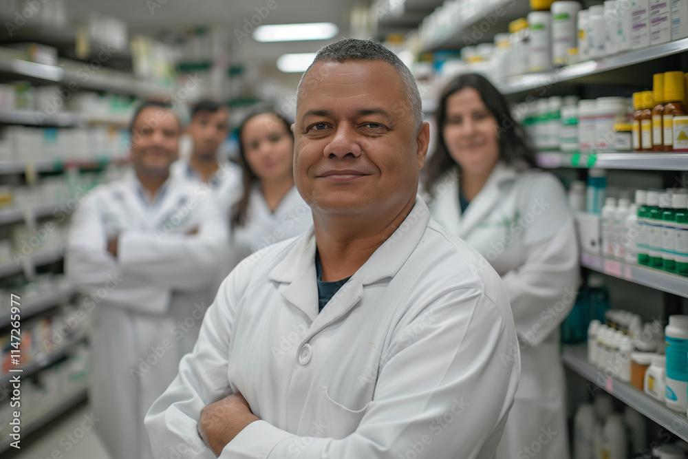 Group of Brazil pharmacists in lab coats, in the background a pharmacy with shelves of medicines. Group of Brazil pharmacists in lab coats, in the background a pharmacy with shelves of medicines.