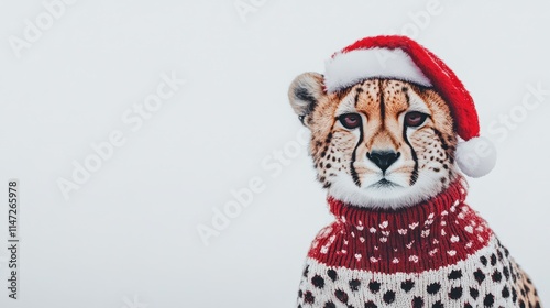 Cheetah wearing a Santa hat and Christmas sweater against a white background.
