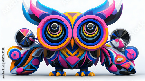 A vibrant, stylized owl sculpture featuring bold colors and geometric patterns. photo