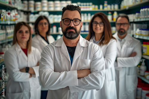 Group of Italy pharmacists in lab coats, in the background a pharmacy with shelves of medicines.