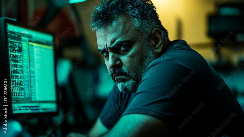 Person looking worried at computer screen, reflecting the pressures and challenges of modern digital life. Navigating complex technology and information overload. Person looking worried at computer screen, reflecting the pressures and challenges of modern digital life. Navigating complex technology and information overload.