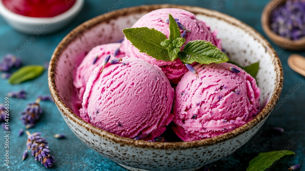 Delicate Lavender Ice Cream in Rustic Bowl Delicate Lavender Ice Cream in Rustic Bowl