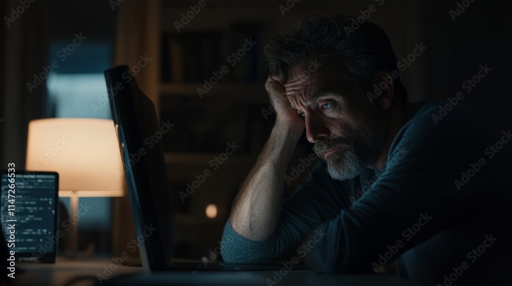 Person looking worried at computer screen, reflecting the pressures and challenges of modern digital life. Navigating complex technology and information overload. Person looking worried at computer screen, reflecting the pressures and challenges of modern digital life. Navigating complex technology and information overload.