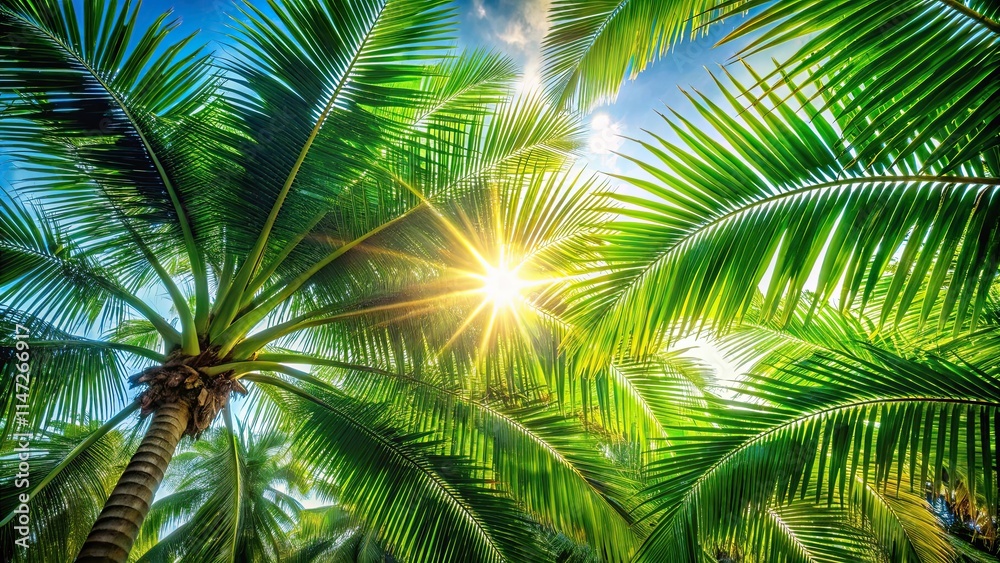 Fototapeta premium Leafy green palm tree with a sun shining through it , palm, leaf, green, sunshine, nature, foliage