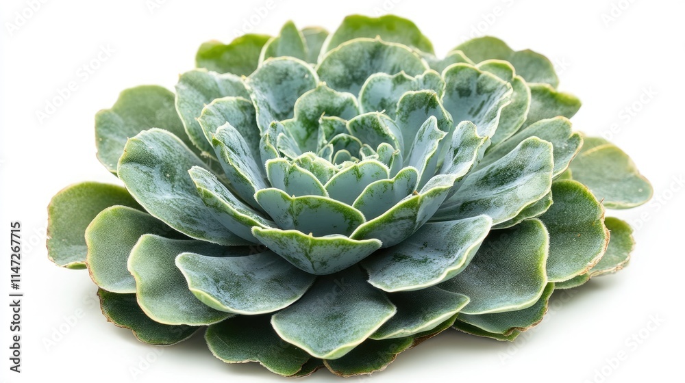 Fototapeta premium A solitary succulent cactus plant with lush green leaves, displayed against a white backdrop, highlighting its intricate form and vibrant color