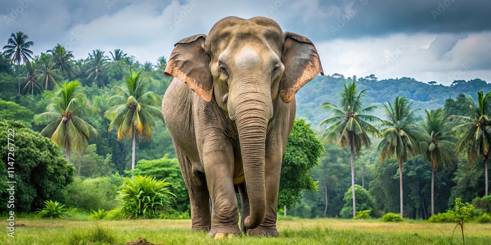 Fototapeta premium Sumatran Male Elephant, big brown eyes, rugged terrain, dense jungle