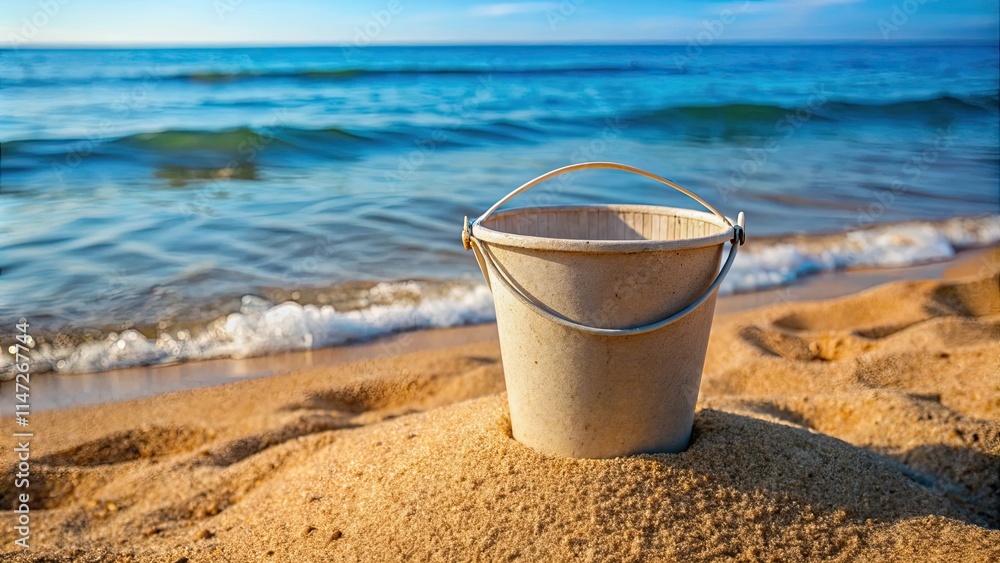 Water bucket with sand in a , beach scene, sandbox, desert landscape Water bucket with sand in a , beach scene, sandbox, desert landscape