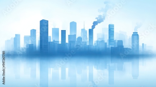 City skyline with industrial smoke and reflection.