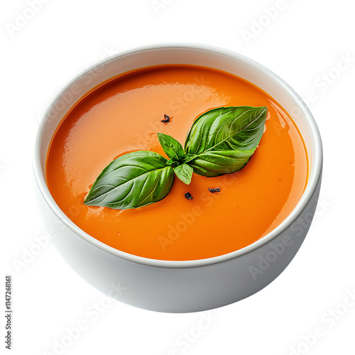 tomato soup with basil leaves photo