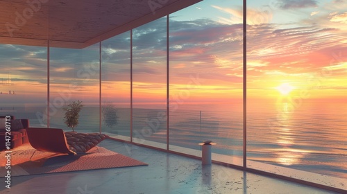 Fototapeta Naklejka Na Ścianę i Meble -  Contemporary modern house interior facing the sea at sunset, AI generated image