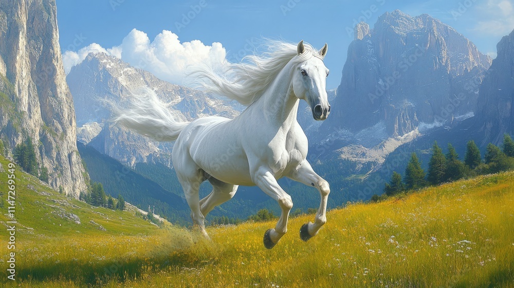 A white horse in full stride, running through a green meadow with a majestic mountain range in the background, evoking a sense of freedom and wild beauty A white horse in full stride, running through a green meadow with a majestic mountain range in the background, evoking a sense of freedom and wild beauty