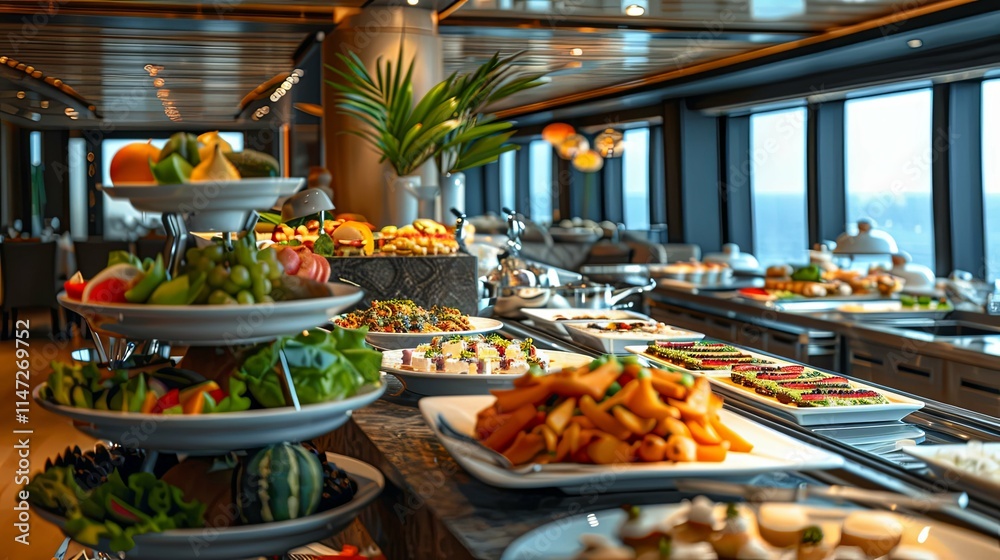 Fototapeta premium Luxurious Buffet Display Featuring Fresh Fruits, Vegetables, and Gourmet Dishes