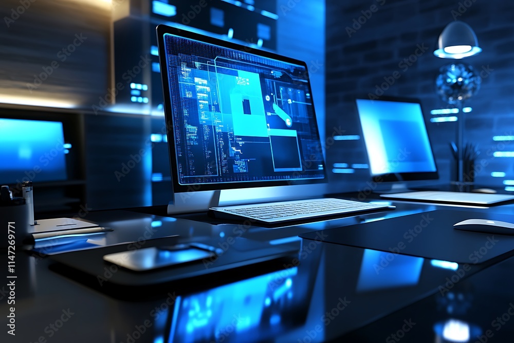 Modern Tech Workspace with Digital Interface. Concept of Cybersecurity, Programming, and Innovation. Modern Tech Workspace with Digital Interface. Concept of Cybersecurity, Programming, and Innovation.