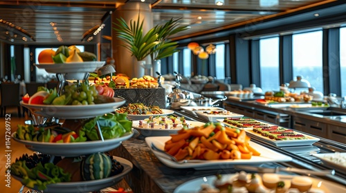 Luxurious Buffet Display Featuring Fresh Fruits, Vegetables, and Gourmet Dishes
