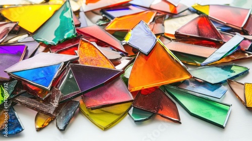 An array of colorful stained glass shards, carefully arranged in a heap on a white surface, showcasing a burst of color and texture photo