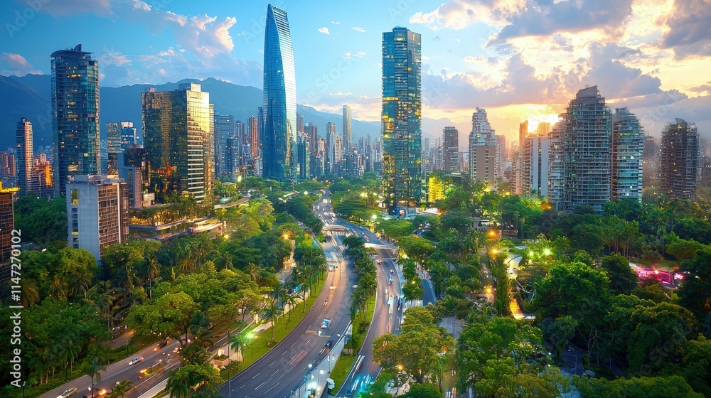 Obraz premium Sunset cityscape with highway and lush greenery.