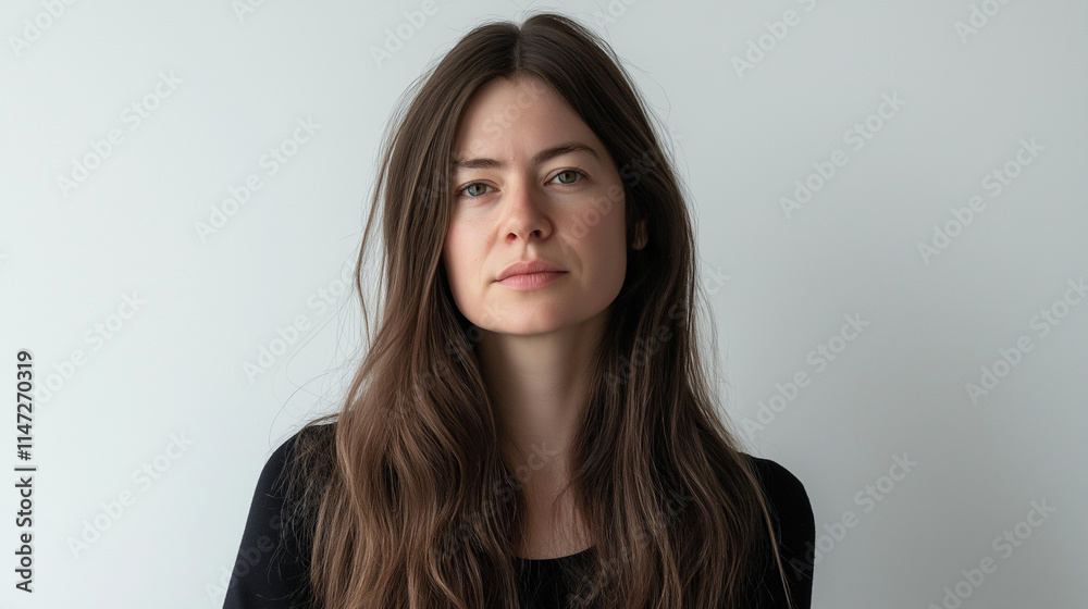 Portrait of a beautiful  woman with a long hair  on a white  background ,long brown  hairstyle