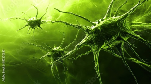  A computer-generated image of a virus replicating and floating in a cellular environment. 