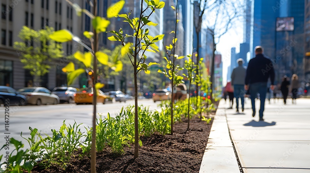 Close-up of young trees planted along a well-maintained sidewalk in a busy city, with pedestrians walking by and skyscrapers in the distance Close-up of young trees planted along a well-maintained sidewalk in a busy city, with pedestrians walking by and skyscrapers in the distance