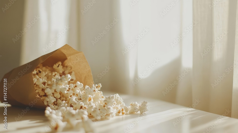 Close-up shot of fluffy popcorn spilling from a brown paper bag, resting on a white table, evoking a feeling of casual snacking and comfort Close-up shot of fluffy popcorn spilling from a brown paper bag, resting on a white table, evoking a feeling of casual snacking and comfort