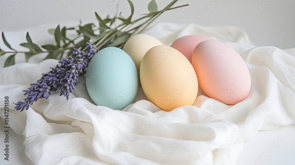 Aesthetic arrangement of pastel colored eggs with lavender on a soft white fabric background for spring celebrations Aesthetic arrangement of pastel colored eggs with lavender on a soft white fabric background for spring celebrations