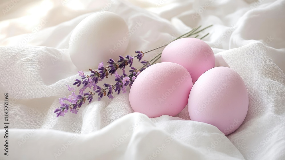Delicate arrangement of pastel-colored eggs and lavender flowers on soft white fabric, capturing the essence of springtime and renewal. Delicate arrangement of pastel-colored eggs and lavender flowers on soft white fabric, capturing the essence of springtime and renewal.