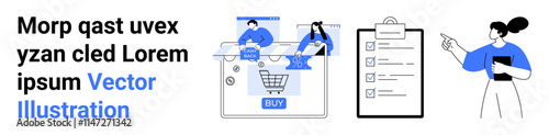 Workers interacting on a laptop screen, a shopping cart icon, and a person pointing at a checklist on a clipboard. Ideal for e-commerce, team collaboration, project management, productivity, online