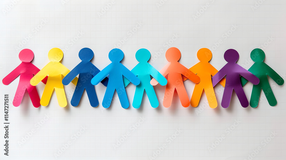 Multicolored paper people arranged in a chain, showcasing the strength and connection of teamwork. Multicolored paper people arranged in a chain, showcasing the strength and connection of teamwork.