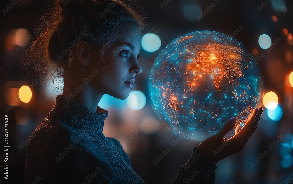 Naklejka premium A poised businesswoman interacting with a 3D hologram of a digital globe, hightech interface visuals glowing around her, blurred modern setting, vibrant and photorealistic