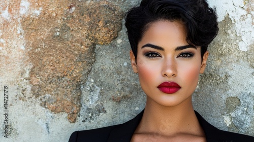 Confident woman with short dark hair and red lipstick. photo