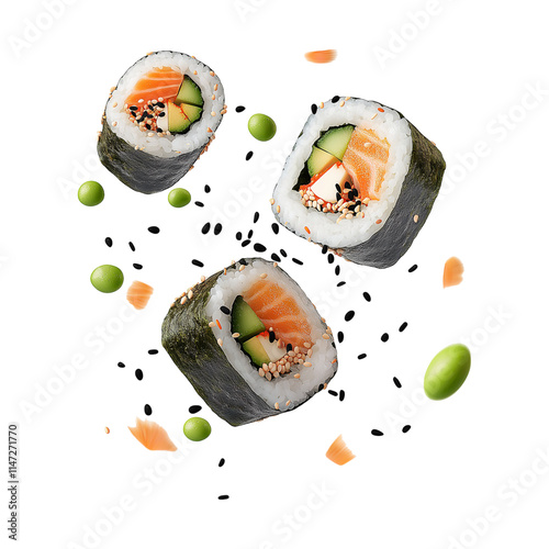 sushi pieces flying isolated on white photo